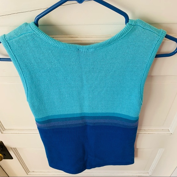 Vintage 90's V-Neck Knit Sweater Vest Blue Striped Gradient 100% Cotton y2k - Picture 6 of 7